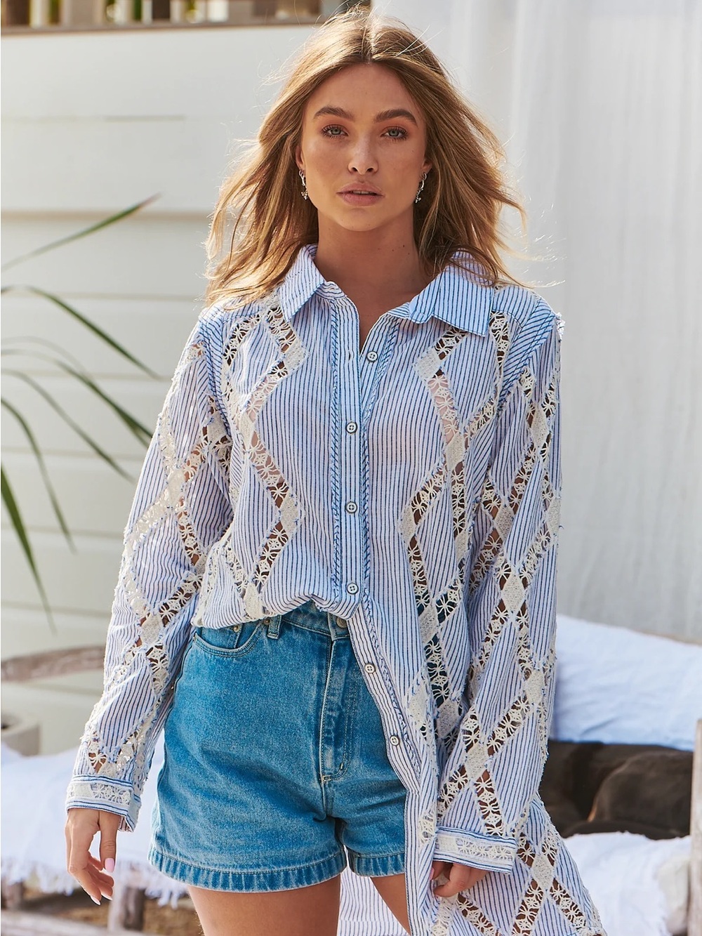 Free People Maldives Striped Button Down Oversized Shirt XS